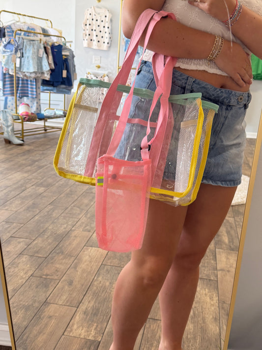 Multicolor Clear Tote Bag and Mesh Cup Holder