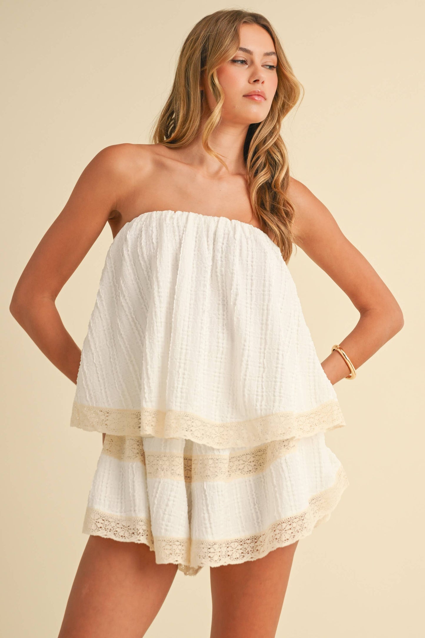 Diane Textured Layered Tube Romper With Lace Trim