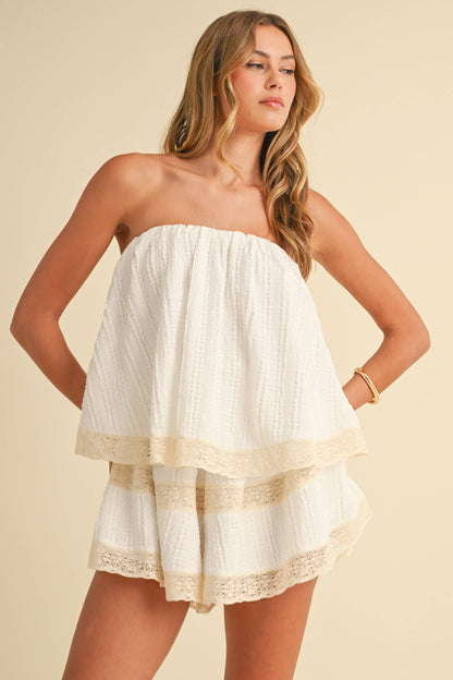 Diane Textured Layered Tube Romper With Lace Trim