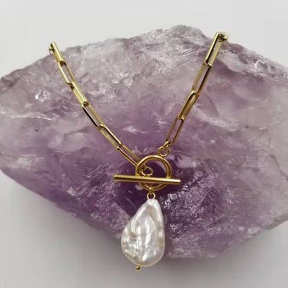 Gold Paperclip Baroque Pearl Necklace