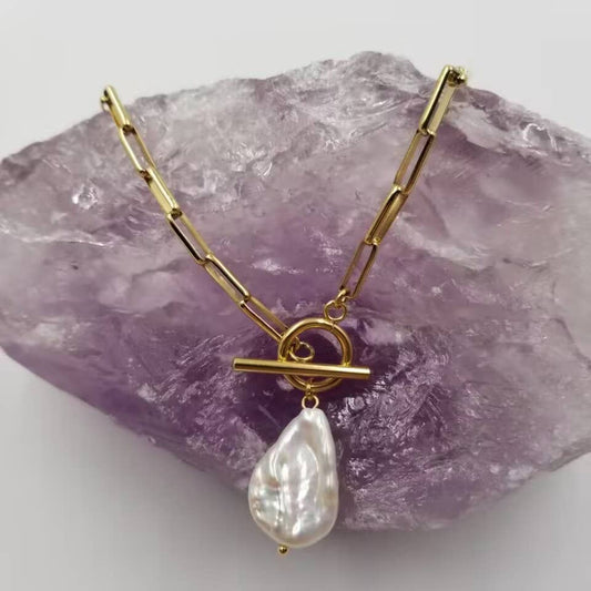 Gold Paperclip Baroque Pearl Necklace