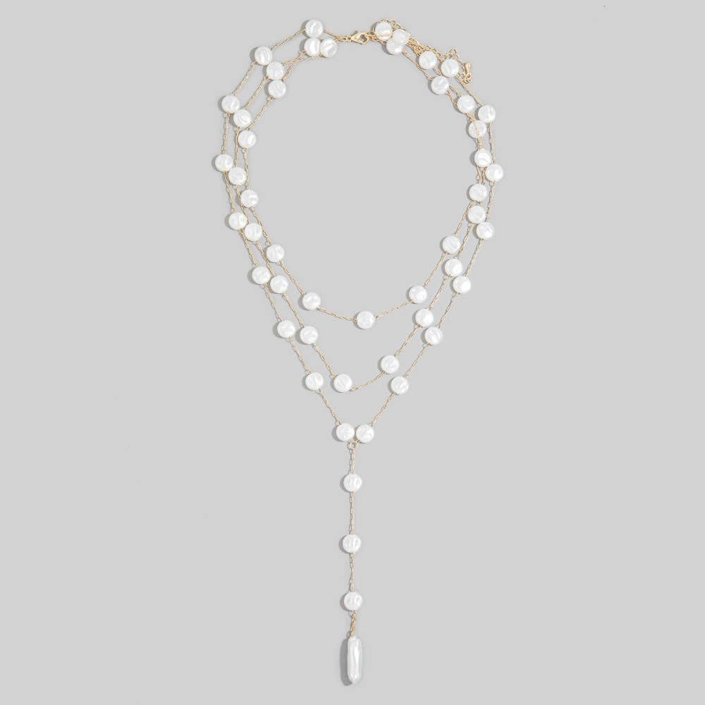 Triple Layer Coin Pearl Lariat Necklace