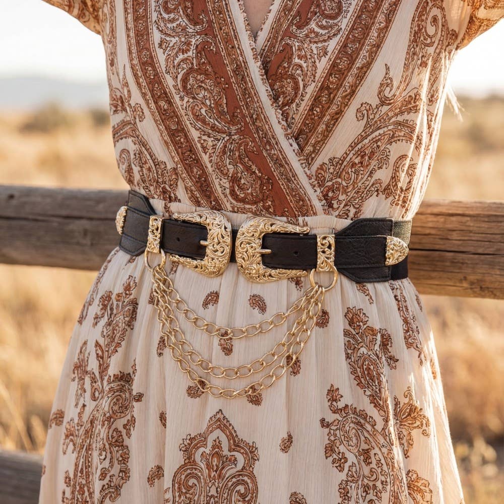 Double Buckle Chain Detail Leather Belt