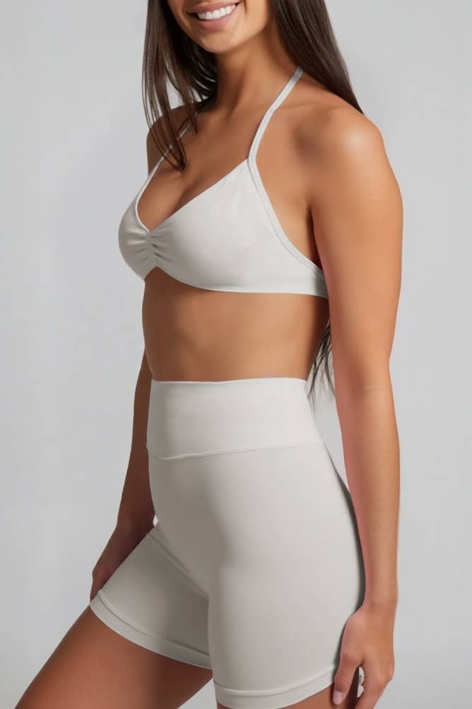Black Polka Sport Halter Bra Scrunch Shorts Athletic Set