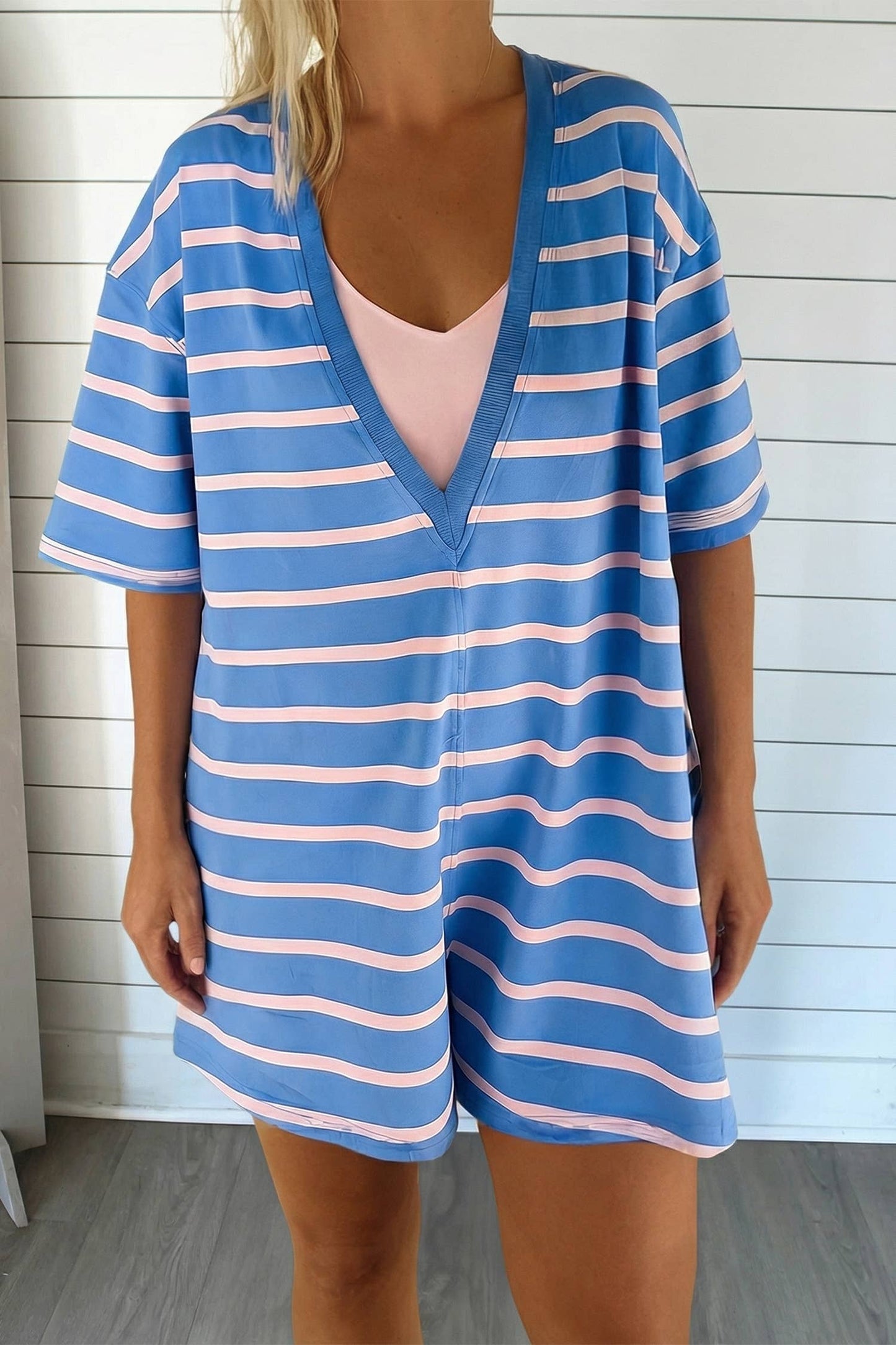 Jolie Stripe V & Round Neck Loose Fit Romper