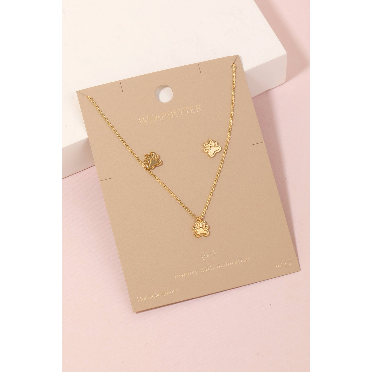 Paw Print Stud Earrings And Pendant Necklace Set