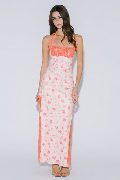 Polly Floral Print Lace Contrast Halter Maxim Dress