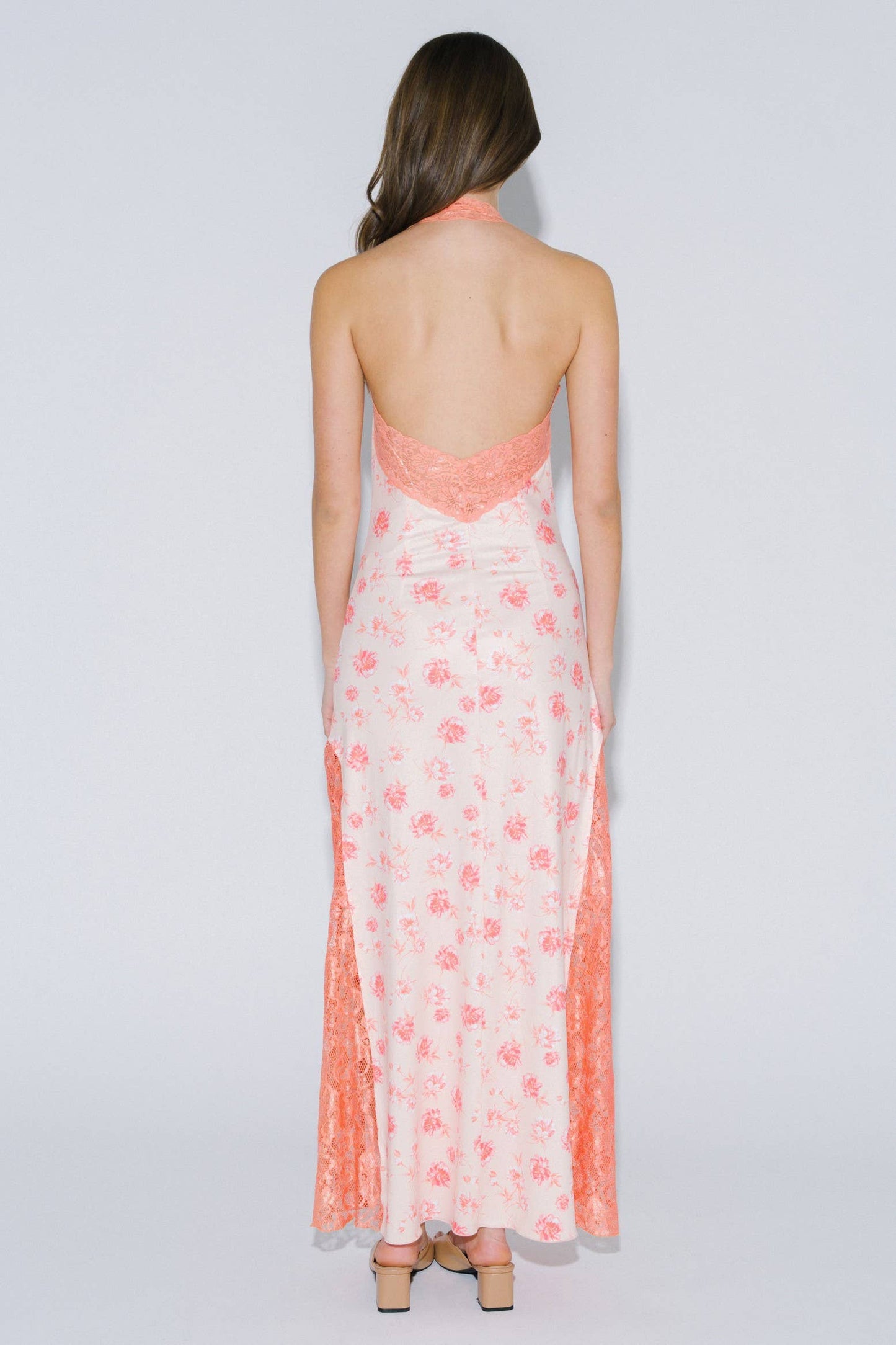 Polly Floral Print Lace Contrast Halter Maxim Dress