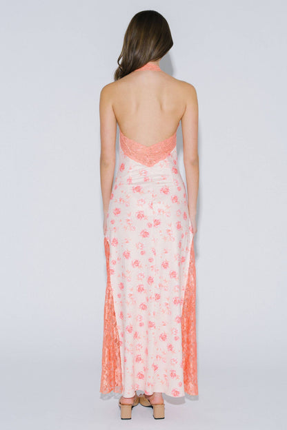 Polly Floral Print Lace Contrast Halter Maxim Dress
