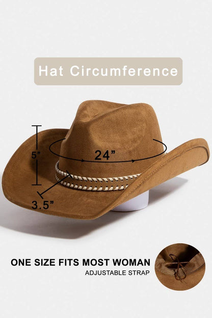 Brown Braided Strap Faux Suede Western Cowboy Hat