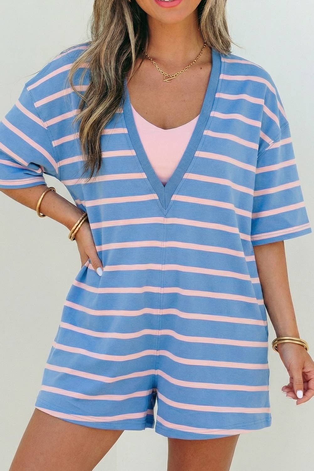Jolie Stripe V & Round Neck Loose Fit Romper